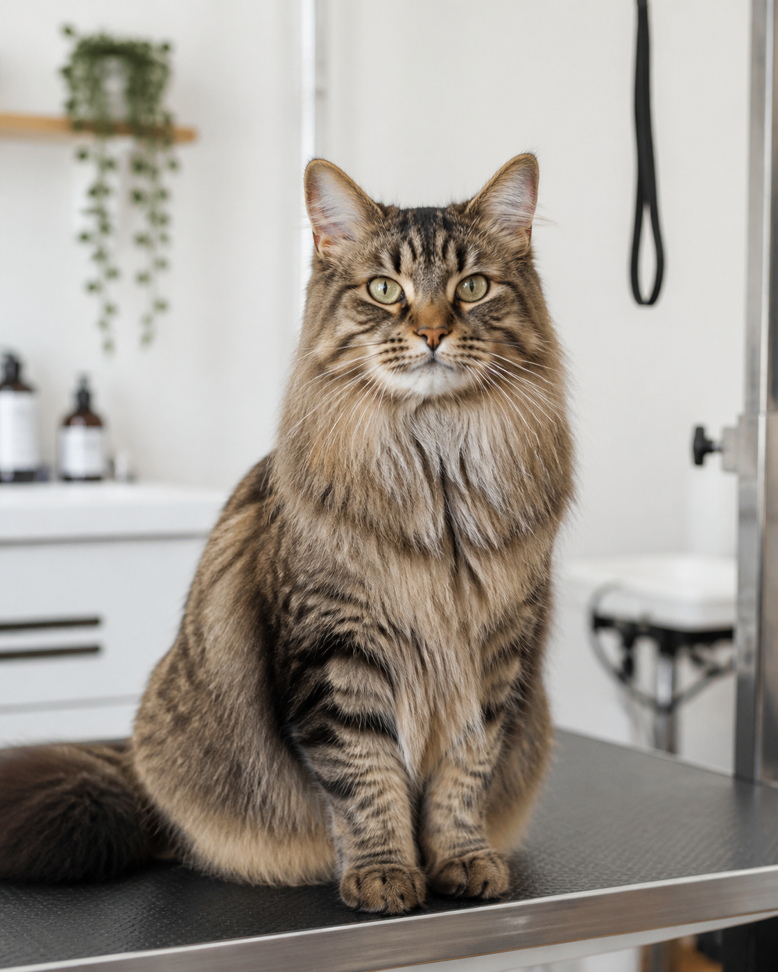 Long-haired tabby cat after grooming
