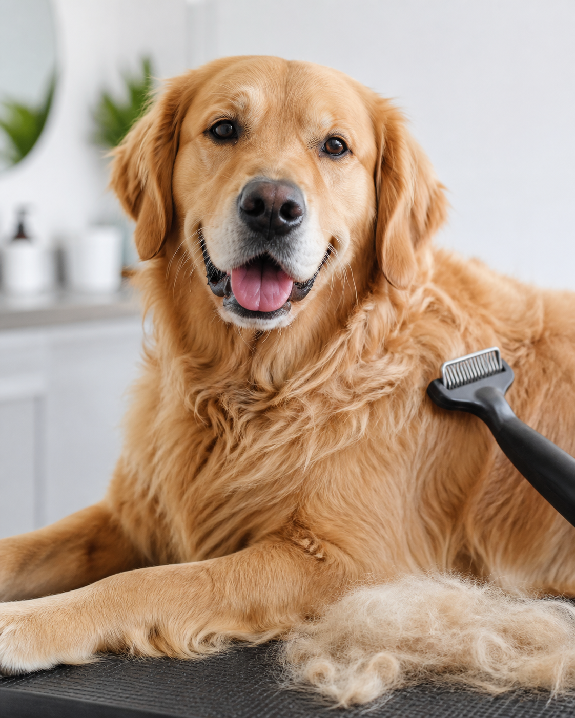 Dog receiving a de-moult and de-shed brush-out