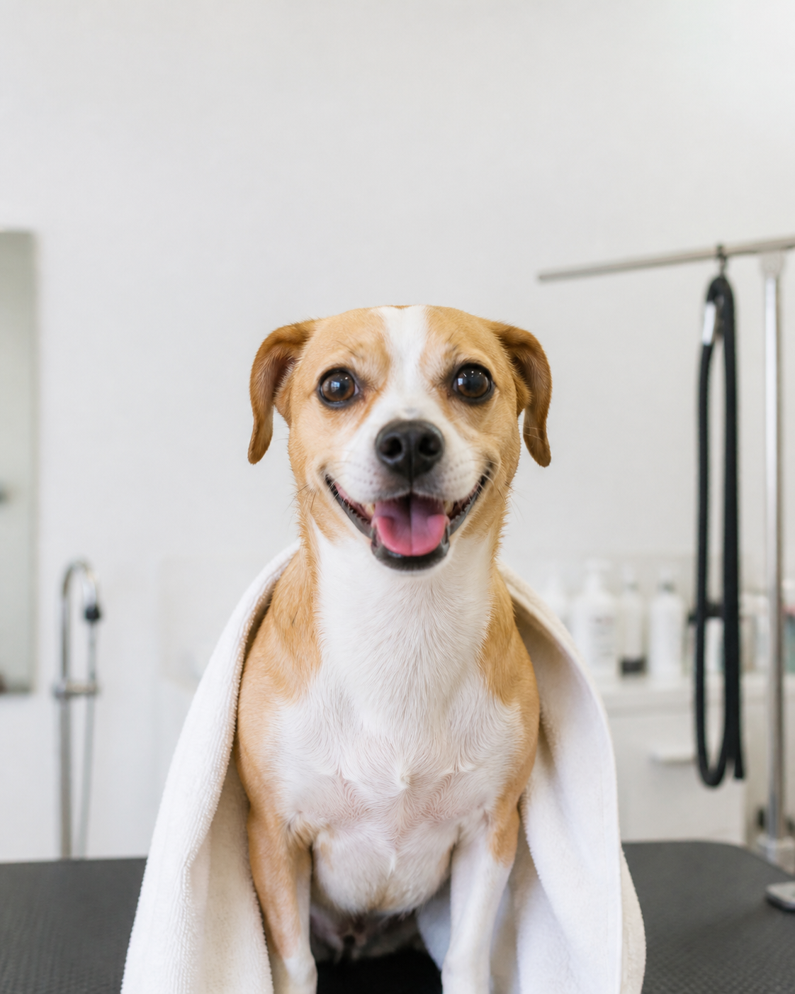 Short-coat dog after a bath and towel dry