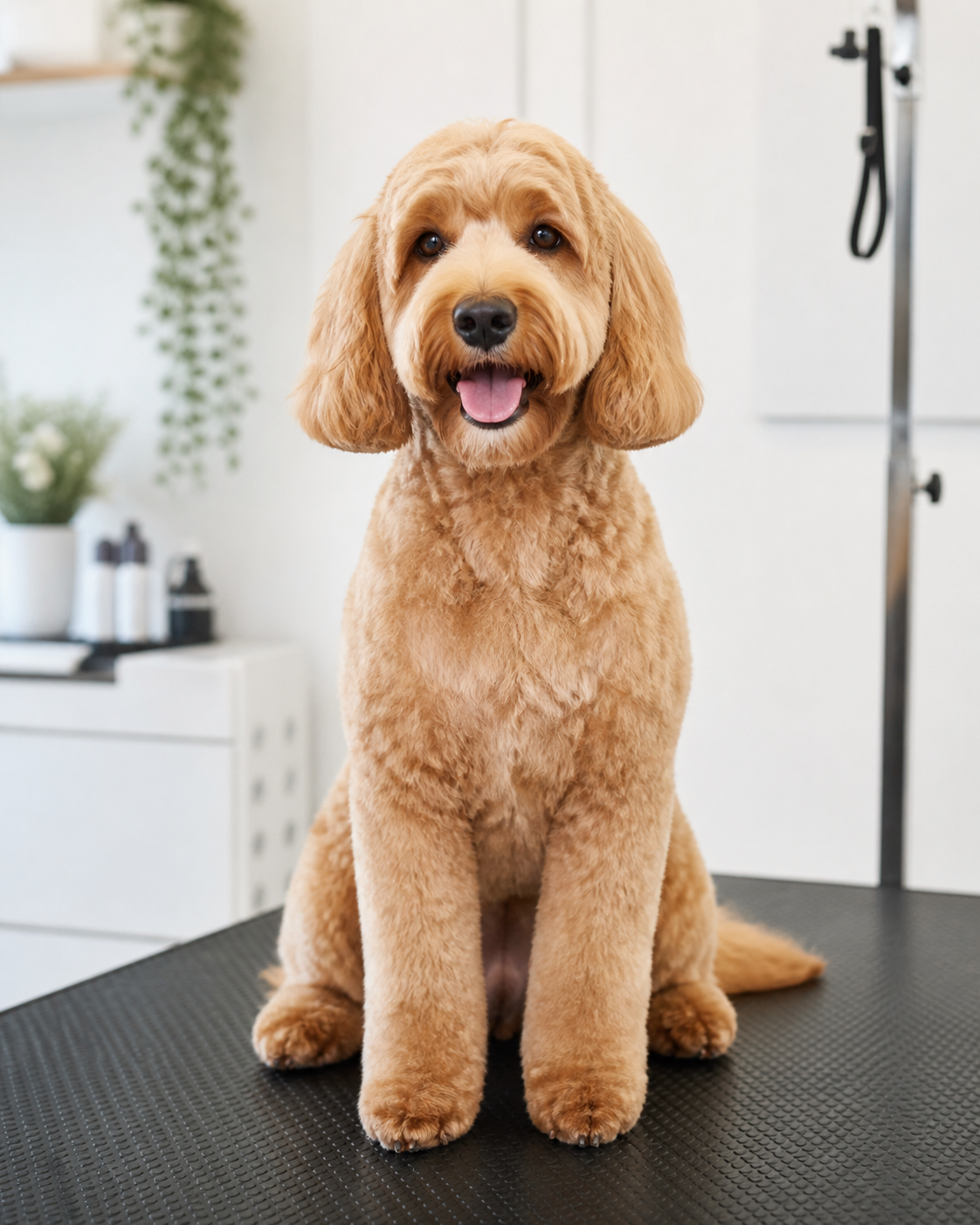 Dog after a full groom and clip on a grooming table